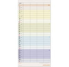 Wandkalender für Januar 2027 mit fünf Spalten zur Terminplanung, farbigen Wochenabschnitten und einem Bereich für Notizen.