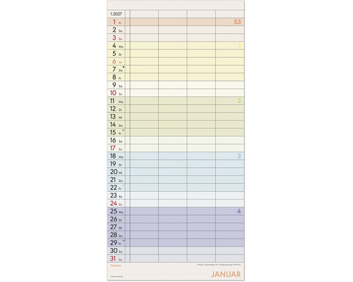 Wandkalender für Januar 2027 mit fünf Spalten zur Terminplanung, farbigen Wochenabschnitten und einem Bereich für Notizen.