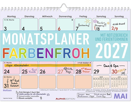 Bunter Monatsplaner 2027 mit Notizbereich und Ferienterminen für den Monat Mai. ALPHAEDITION Logo.