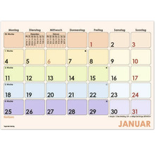 Kalenderblatt für Januar mit Wochentagen von Montag bis Sonntag, Anzeige der Kalenderwochen, kleinen Monatsübersichten und Platz für Notizen.