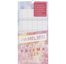 Wandkalender Familienplaner Prisma 2027 mit Spiralbindung, Ferienterminen, Stundenplänen und Stickerbogen. GreenLine CALENDARS Logo.