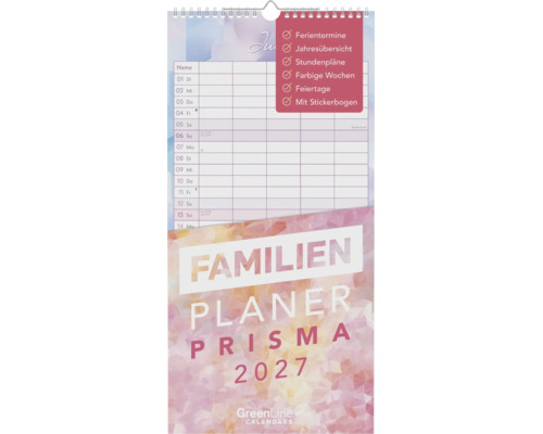 Wandkalender Familienplaner Prisma 2027 mit Spiralbindung, Ferienterminen, Stundenplänen und Stickerbogen. GreenLine CALENDARS Logo.
