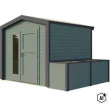 Gartenhaus aus Holz mit integrierter Anbaulounge und Doppeltür mit Glaseinsatz. (Image AI modified or generated)