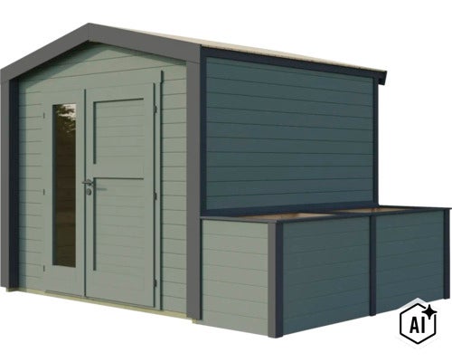 Gartenhaus aus Holz mit integrierter Anbaulounge und Doppeltür mit Glaseinsatz. (Image AI modified or generated)