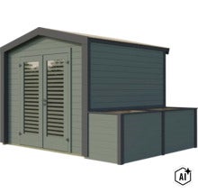 Modernes Gartenhaus aus Holz mit Doppeltür, Lamellenfenstern und integriertem seitlichem Anbau mit Pflanzkasten. (Image AI modified or generated)