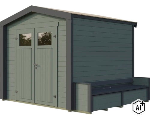 Gartenhaus aus Holz mit Doppeltüren und integrierter Sitzbank im modernen Design zur Aufbewahrung von Gartengeräten. (Image AI modified or generated)