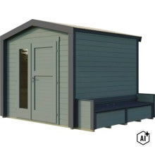 Gartenhaus aus Holz mit integrierter Sitzbank und verglaster Doppeltür für den Außenbereich (Image AI modified or generated)