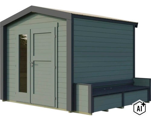 Gartenhaus aus Holz mit integrierter Sitzbank und verglaster Doppeltür für den Außenbereich (Image AI modified or generated)