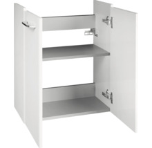 Weißer Waschtischunterschrank mit zwei Türen, einem Einlegeboden und Metallgriff.