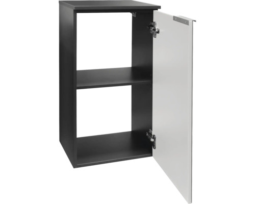 Hängeschrank mit einem Einlegeboden und geöffneter Tür, Korpus Anthrazit, Front Weiß.