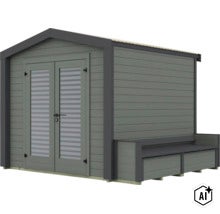 Modernes Gartenhaus aus Holz mit Doppeltür, Glaseinsätzen und integrierter Sitzbank an der Seitenwand (Image AI modified or generated)