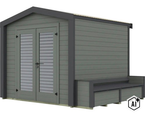 Modernes Gartenhaus aus Holz mit Doppeltür, Glaseinsätzen und integrierter Sitzbank an der Seitenwand (Image AI modified or generated)