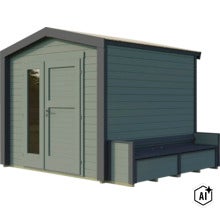 Gartenhaus aus Holz mit integrierter Bank und verglaster Doppeltür für den Außenbereich (Image AI modified or generated)