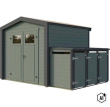 Gartenhaus aus Holz mit Doppeltür und angebautem Unterstand für Fahrräder oder Mülltonnen. (Image AI modified or generated)