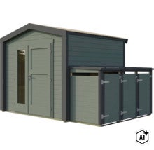 Gartenhaus aus Holz mit integriertem Anbauschuppen, Doppeltür mit Glaseinsatz und Pultdach als Stauraum für Gartengeräte im Außenbereich. (Image AI modified or generated)