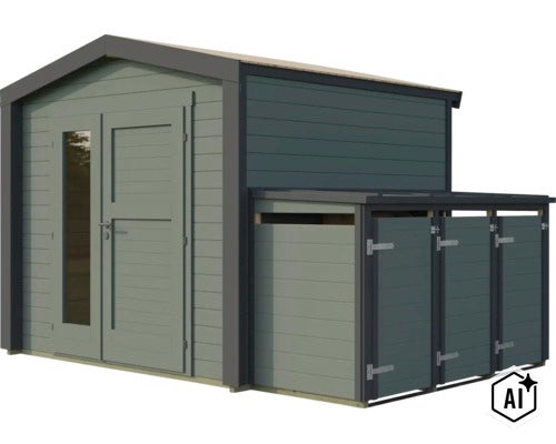 Gartenhaus aus Holz mit integriertem Anbauschuppen, Doppeltür mit Glaseinsatz und Pultdach als Stauraum für Gartengeräte im Außenbereich. (Image AI modified or generated)