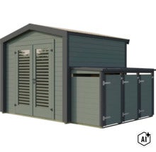 Gartenhaus aus Holz mit Doppeltür und integriertem Anbauschuppen für zusätzlichen Stauraum (Image AI modified or generated)