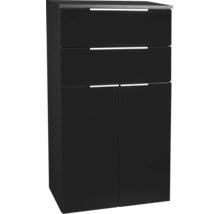 Schwarzer Bad-Seitenschrank mit zwei Schubladen und zwei Türen sowie modernen Griffleisten.