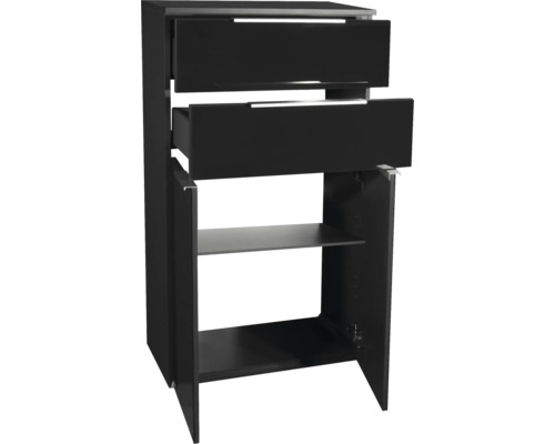 Schwarzer Badezimmer-Unterschrank mit zwei geöffneten Schubladen und zwei offenen Türen, die ein Innenfach mit Regalboden zeigen.