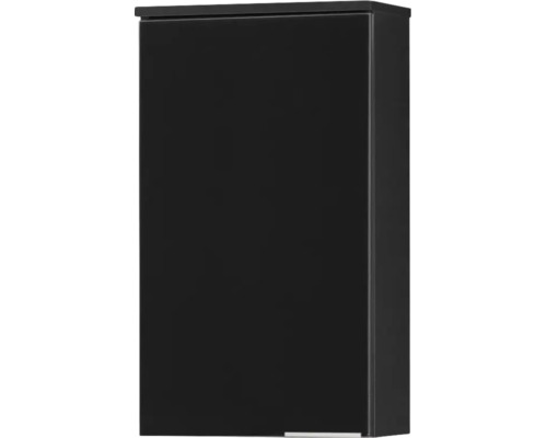 Schwarzer Hängeschrank mit einer Tür und einem kleinen silbernen Griff.