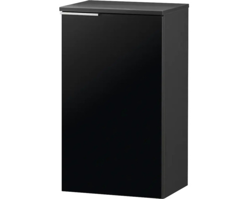 Moderner schwarzer Badezimmerschrank mit einer Tür und schmalem silberfarbenem Griff.