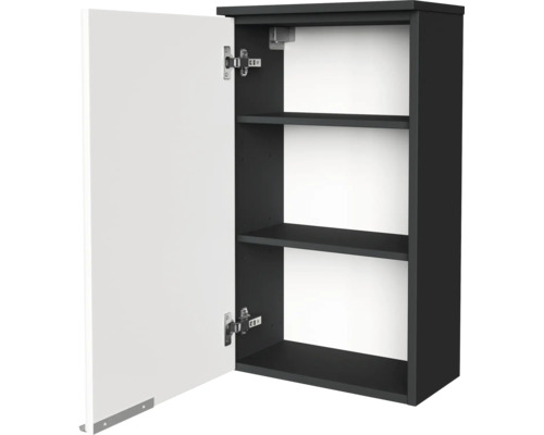 Oberschrank mit geöffneter weißer Tür, zwei Fachböden und Korpus in Anthrazit.