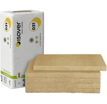 Isover Glaswolle Dämmplatten im Paket und gestapelt für die Wärmedämmung, Wärmeleitstufe null komma null drei eins, hundert Prozent recycelbar.