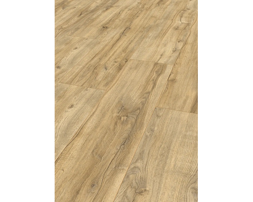 Laminatboden in Eichenoptik mit natürlicher Holzmaserung und sichtbaren Astlöchern.