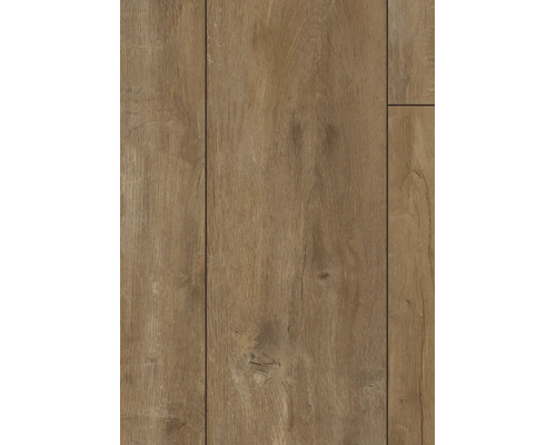 Laminatboden in Holzoptik mit deutlicher Maserung und Astlöchern.