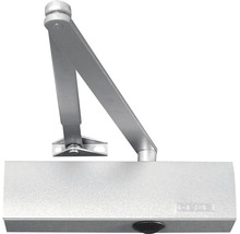 GEZE Türschließer mit Scherenarm und Montageplatte aus Metall in Silber.
