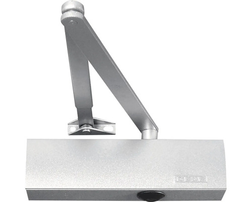 GEZE Türschließer mit Scherenarm und Montageplatte aus Metall in Silber.
