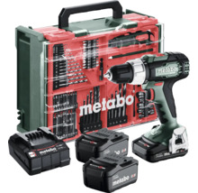 Metabo Akku-Bohrschrauber-Set mit drei Akkumulatoren, Ladegerät und umfangreichem Zubehörset im Transportkoffer.