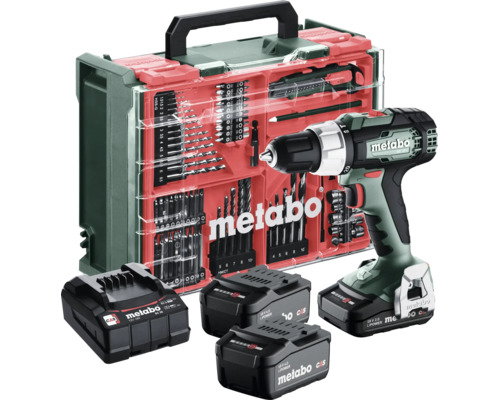 Metabo Akku-Bohrschrauber-Set mit drei Akkumulatoren, Ladegerät und umfangreichem Zubehörset im Transportkoffer.