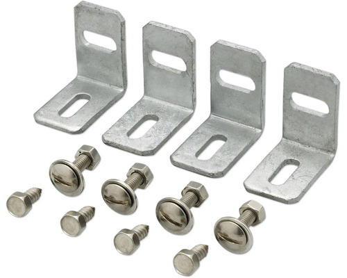 Set aus vier Winkelverbindern aus Metall mit Langlöchern, vier Schraubbolzen mit Muttern und vier Schrauben.