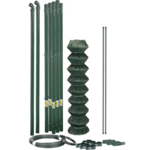Maschendrahtzaun Komplett-Set mit Zaunrolle, Zaunpfosten, Streben, Spanndraht, Bindedraht und Befestigungsmaterial.