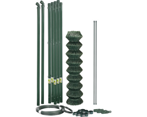 Maschendrahtzaun Komplett-Set mit Zaunrolle, Zaunpfosten, Streben, Spanndraht, Bindedraht und Befestigungsmaterial.