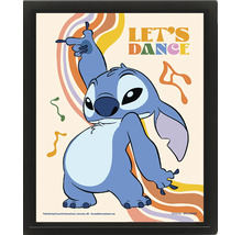 Gerahmtes Poster mit der Disney Figur Stitch beim Tanzen, bunten Wellenlinien, dem Schriftzug Lets Dance und Disney Logo.