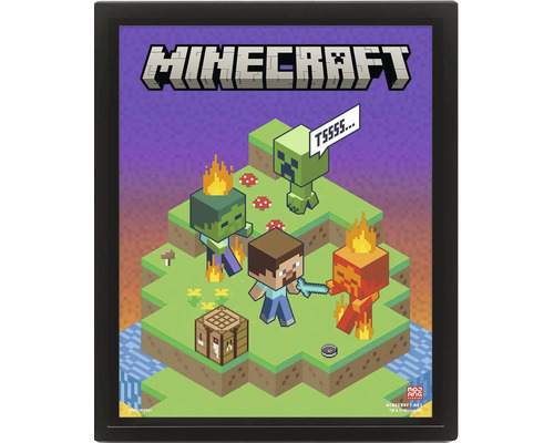 Minecraft Wandbild im Rahmen mit Steve, Creeper, Zombie und Crafting-Tisch in Pixel-Optik