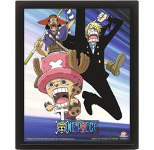Dreidimensionales Poster One Piece mit den Charakteren Usopp, Sanji und Chopper in einem schwarzen Rahmen.
