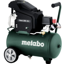 Metabo Kompressor Basic 200-24 mit grünem Druckbehälter, Rädern, Tragegriff und zwei Manometern.