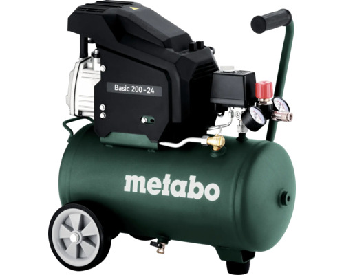 Metabo Kompressor Basic 200-24 mit grünem Druckbehälter, Rädern, Tragegriff und zwei Manometern.