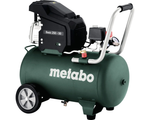 Metabo Basic 250-50 Kompressor mit grünem Kessel, Rollen und Metallgriff.