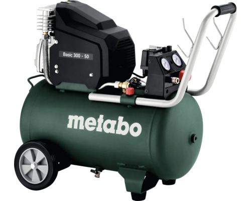 Grüner Metabo Basic 300-50 Kompressor mit 50-Liter-Tank, Rädern, Transportgriff und zwei Manometern.