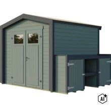 Gartenhaus aus Holz mit Doppeltür, Fensteröffnungen und seitlichem Anbau mit Stauraum. (Image AI modified or generated)