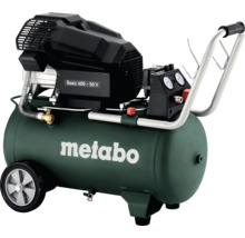 Grüner Metabo Kolbenkompressor Basic 400-50 Volt mit 50 Liter Kessel, zwei Manometern, Transportgriff und Rollen.