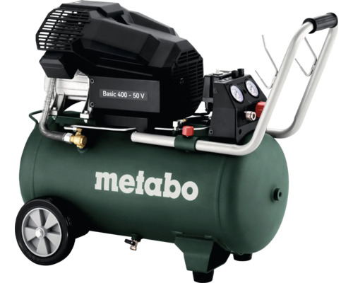 Grüner Metabo Kolbenkompressor Basic 400-50 Volt mit 50 Liter Kessel, zwei Manometern, Transportgriff und Rollen.