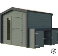Gartenhaus aus Holz mit Doppeltür und integriertem Anbau als Geräteschrank (Image AI modified or generated)