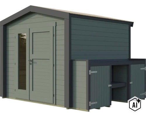 Gartenhaus aus Holz mit Doppeltür und integriertem Anbau als Geräteschrank (Image AI modified or generated)