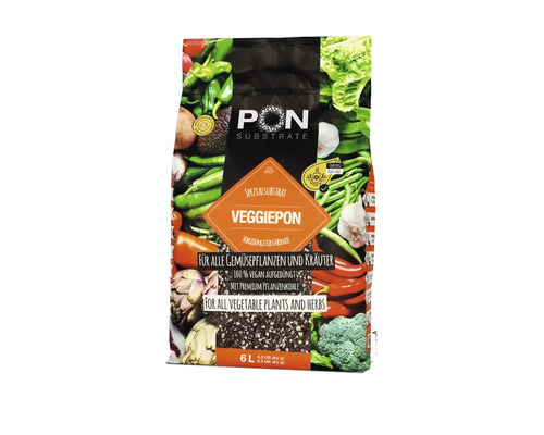 PON SUBSTRATE Logo auf VEGGIEPON Spezialsubstrat 6 Liter für Gemüse und Kräuter, 6 Monate vorgedüngt, vegan und torffrei.
