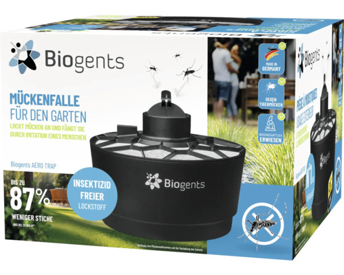 Biogents Mückenfalle AERO TRAP für den Garten, insektizidfrei, wissenschaftlich erwiesen, wirksam gegen Tigermücken. Biogents Logo.